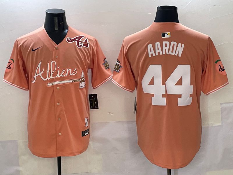 Men Atlanta Braves 44 Aaron Orange Five generations Joint Name 2025 Nike MLB Jersey style 7